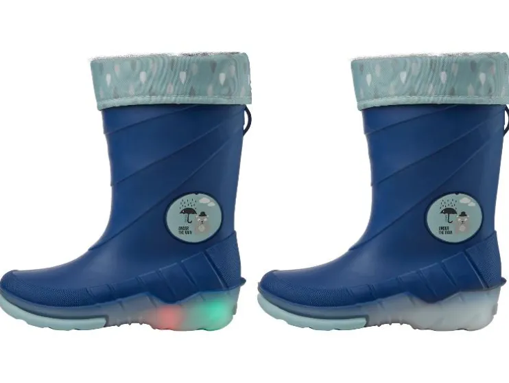 Botas de agua con luz y forro cálido para niño pequeño.