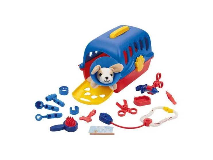 Caja de transporte con gato de peluche y accesorios