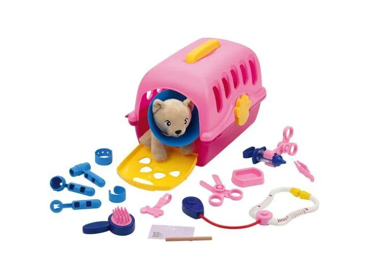 Caja de transporte con gato de peluche y accesorios