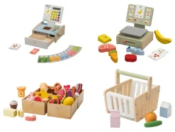 Caja registradora/Balanza/Caja con alimentos/Cesta de la compra de madera
