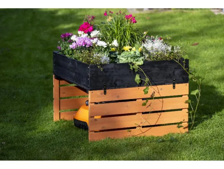 Garaje para cortacésped robotizable con jardinera