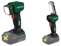 Lámpara de mano LED recargable de 20V »PLHLA 20 Li A1« y lámpara de mano LED recargable de 20V »PLHLA 20-Li C1«, sin batería ni cargador.