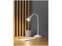 Lámpara de mesa LED con cuello flexible de metal.