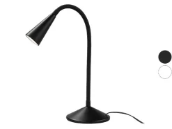 Lámpara de mesa LED con cuello flexible de metal.