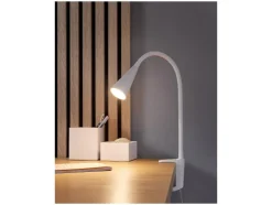 Lámpara LED de pinza, con cuello de metal flexible.