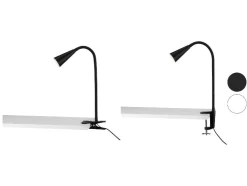 Lámpara LED de pinza, con cuello de metal flexible.