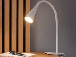 Lámpara LED de pinza, con cuello de metal flexible.