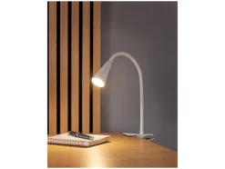 Lámpara LED de pinza, con cuello de metal flexible.