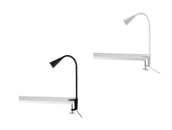 Lámpara LED de pinza, con cuello de metal flexible.