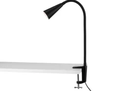 Lámpara LED de pinza, con cuello de metal flexible.