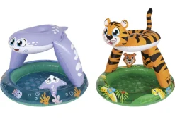 Piscina infantil hinchable, con suelo acolchado.