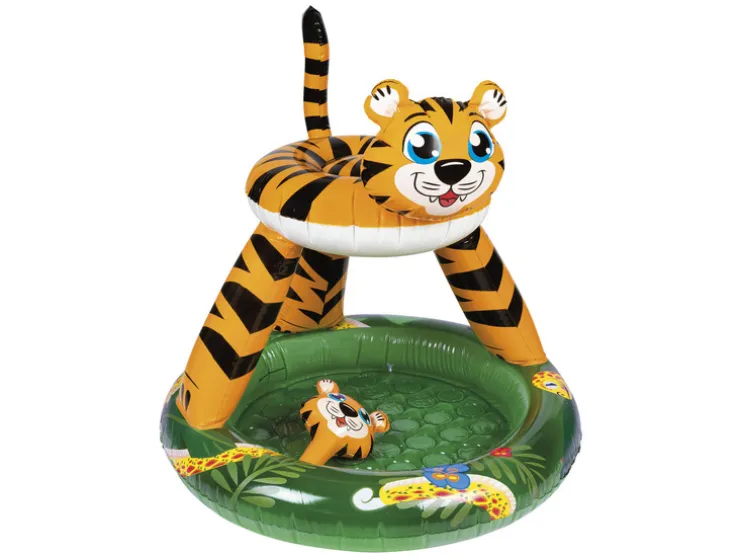 Piscina infantil hinchable, con suelo acolchado.
