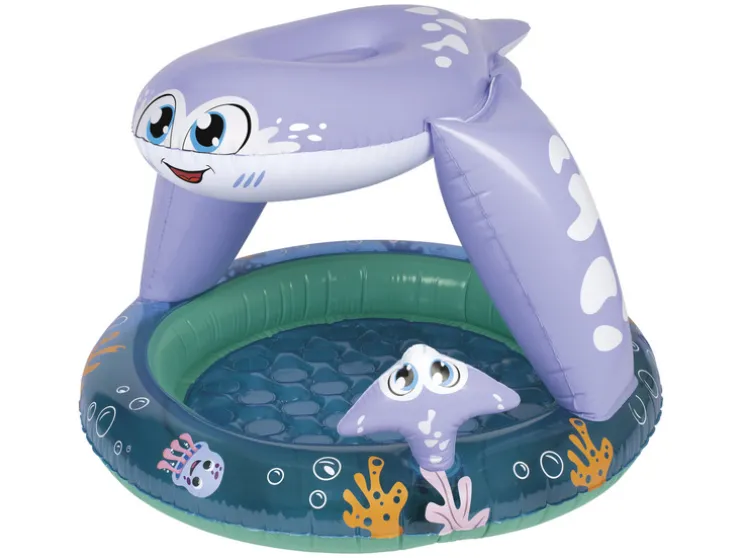Piscina infantil hinchable, con suelo acolchado.