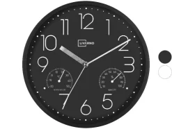 Reloj de pared con termómetro e higrómetro.