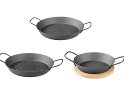 Ø 32 Sartén grill de hierro / Ø 28,5 Sartén grill de hierro con fondo perforado / Ø 20 Sartén grill de hierro con tabla de servir.
