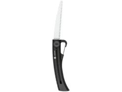 Sierra de mano Fiskars, con dentado basto, extremo de mango curvado.