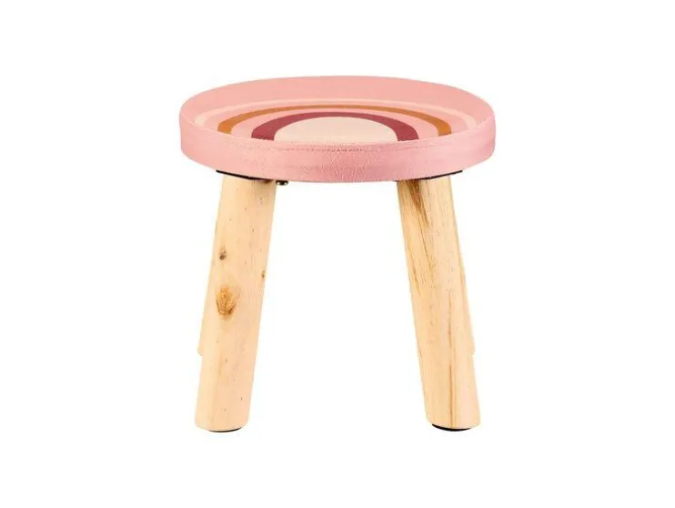 Taburete infantil con almacenamiento y patas de madera.