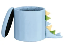 Taburete infantil con almacenamiento y patas de madera.