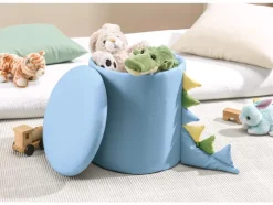 Taburete infantil con almacenamiento y patas de madera.