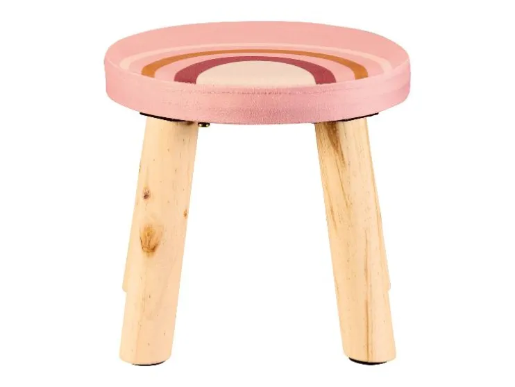 Taburete infantil con almacenamiento y patas de madera.