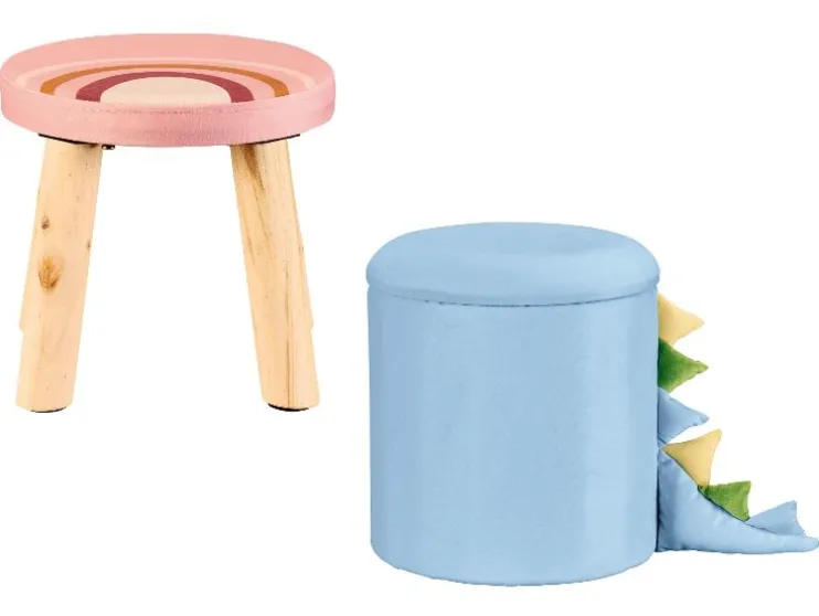 Taburete infantil con almacenamiento y patas de madera.