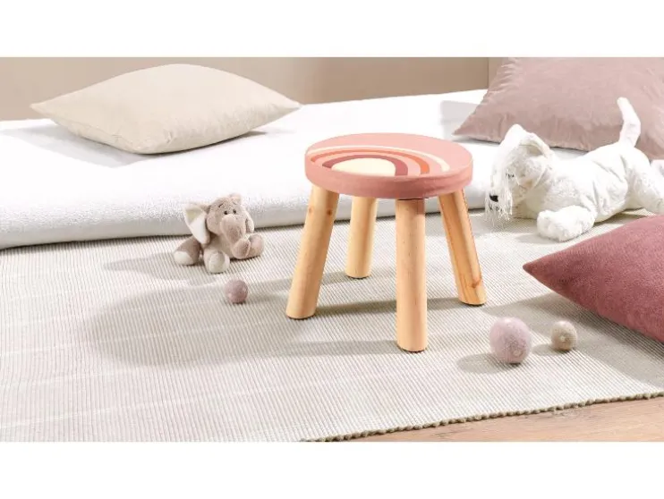 Taburete infantil con almacenamiento y patas de madera.