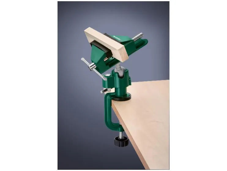 Tornillo de banco universal para mesa, con cabezal de herramienta intercambiable.